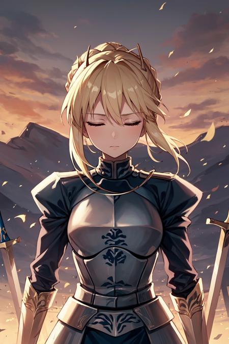 1girl, blonde hair, hair bun, artoria pendragon \(fate\), armor, upper body, closed eyes, planted, planted sword, calm, breastplate, wide shot, tareme, detailed landscape
 <lora:ubw:.7>