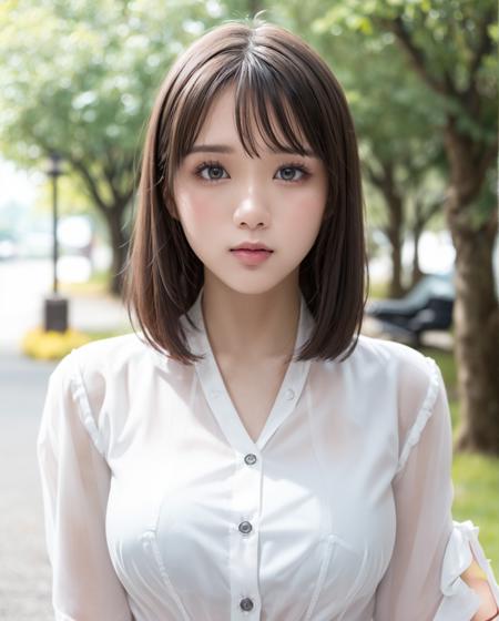 pureerosface_v1:0.03, best quality, photorealistic, 8k, high res, full color, 1girl, woman, 20 years old woman, (closed mouth:1.73), (skindentation), (portrait:0.6), trees, park bench, daylight, ((park background:1.52)), full color, ((buttonedwhiteshirt:1.58)), looking at viewer:1.8, (1girl eyes looking at viewer:1.55), (medium hair, brownhair, sweptpartedbangs:1.45), (bokeh), <lora:AAG-nono:0.64>