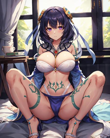 best quality, (masterpiece:1.2), illustration, absurdres,
(1girl), (solo), (beautiful detailed girl), full body shot,,
<lora:RixiaDancer-08:0.8>, Rixia Mao, dark purple hair, medium hair, purple eyes, huge breasts, body paint, green tattoo,
hair ornament, jewelry, blue dancer outfit, detached sleeves, ribbons, sandals, high heels,
inside bedroom, on bed, sitting, spread legs, (agura:1.1), window, bookcase, table,,
 looking at viewer, shy, blush