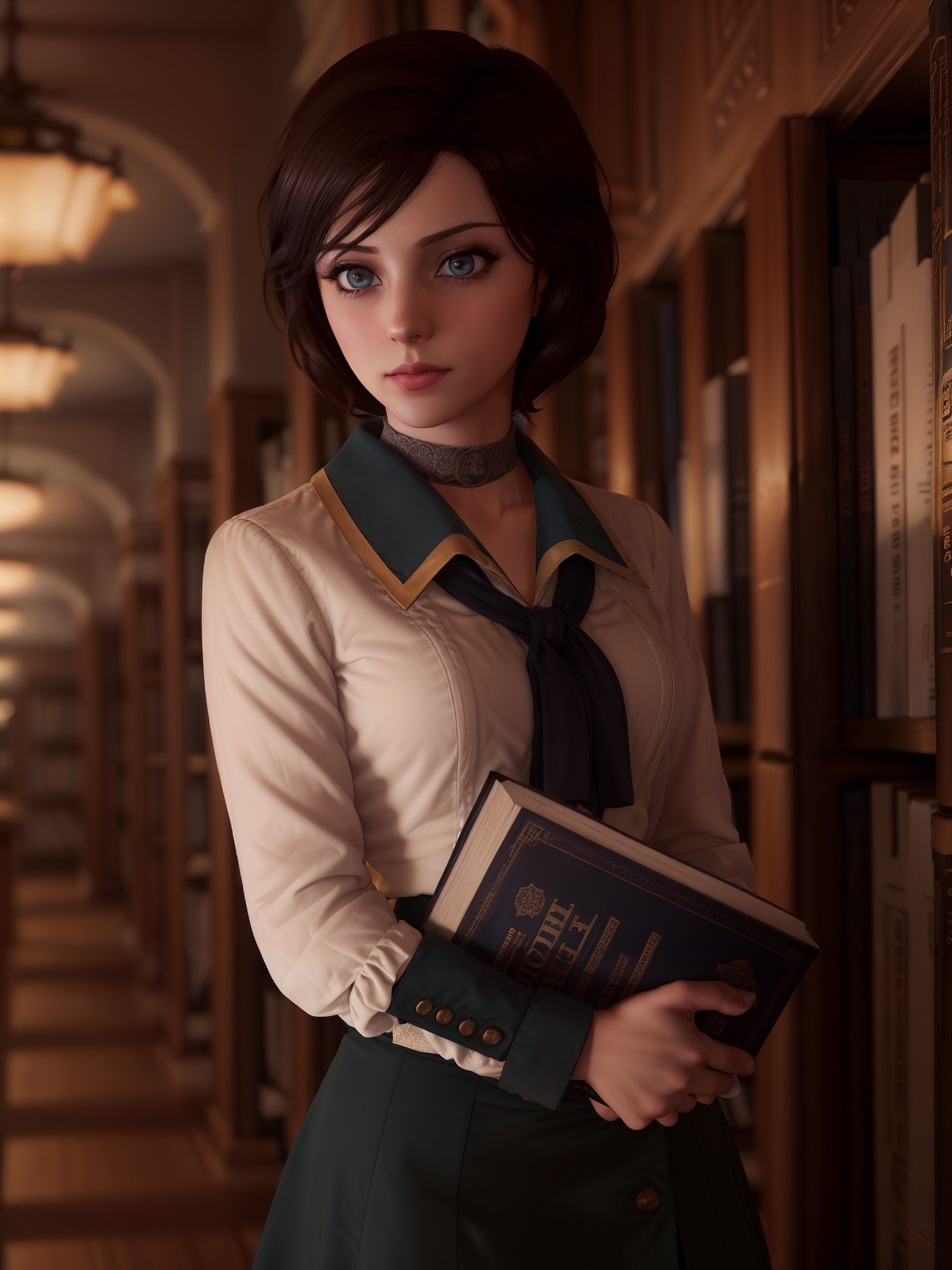 bioshockelizabeth standing in a library holding a book, cute face, dramatic lighting, wallpaper, intricate, sharp focus, r...