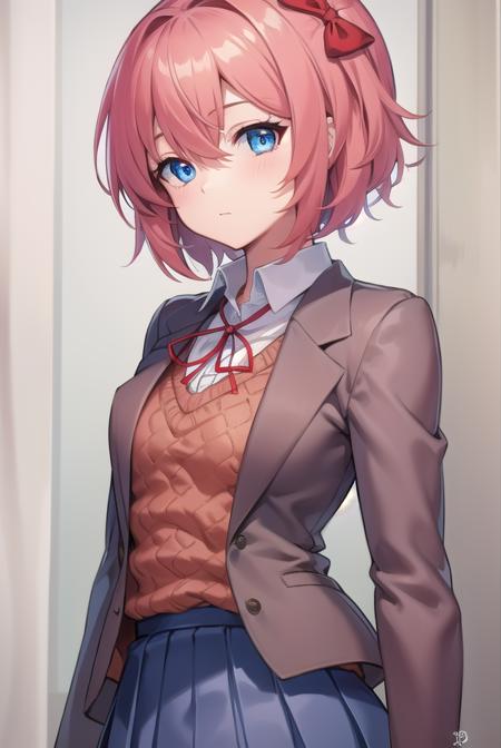 ddlcsayori, <lora:ddlcsayoritest:1>,
ddlcsayori, blue eyes, hair between eyes, hair bow, hair ornament, pink hair, red bow, short hair, (small breast:1.2),
BREAK blue skirt, pleated skirt, school uniform, skirt, brown jacket, jacket,
BREAK looking at viewer,
BREAK indoors, classroom,
BREAK <lora:GoodHands-vanilla:1>, (masterpiece:1.2), best quality, high resolution, unity 8k wallpaper, (illustration:0.8), (beautiful detailed eyes:1.6), extremely detailed face, perfect lighting, extremely detailed CG, (perfect hands, perfect anatomy),