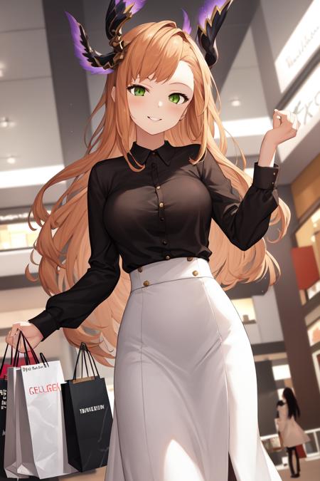 masterpiece, absurdres, perfect anatomy, 1girl, solo, Tweyen, green eyes, long hair, head wings, high-waist skirt, long skirt, white skirt, black shirt, long sleeves, smile, standing, indoors, shopping mall