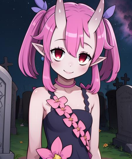 bieko,pink hair,oni horns,pointy ears,colored skin,red eyes,twin tails,
purple sleeveless dress with flowers,jewelry,bare shoulders, 
hair ornament, 
standing,smiling,
stars,graveyard,
(insanely detailed, beautiful detailed face, masterpiece, best quality),<lora:bieko-10D6:0.8>,