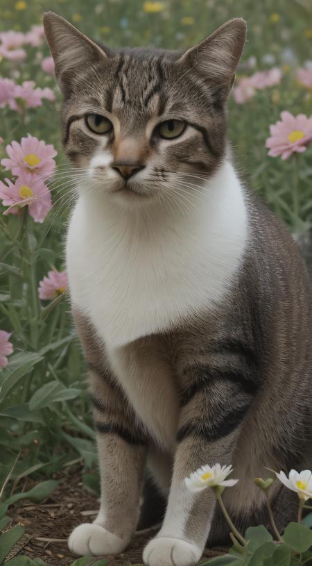 closer, cat (in a very flowery field with diverse and beautiful colors), photorealistic, HDR