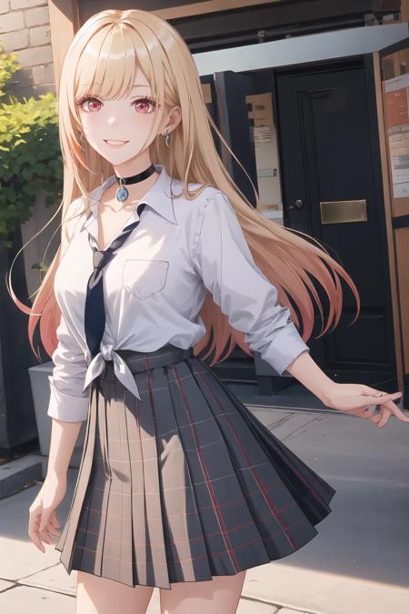 masterpiece, best quality, highres, kitagawa marin, 1girl, blonde hair, long hair, multicolored hair, red eyes, jewelry, earrings, piercing, school uniform, white shirt, tied shirt, black choker, blue necktie, plaid skirt, <lora:kitagawa_marin_v1-1:0.7>, grin, smile, standing, cowboy shot, outdoors,   <lora:Hoyoverse-Honkai3-Style-resumed-alternative-000170:1>