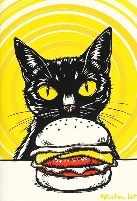 pop art, sketchy drawing, yellow spiral background, black cat stares at burger, empty yellow eyes