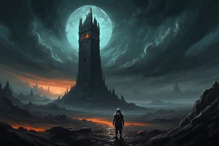 A digital painting depicting a dark and sinister landscape inspired by the Dark Souls and Grimdark aesthetic. A solitary astronaut, standing before a malevolent ancient tower. The tower is etched with mysterious, luminous runes and encircled by floating, ominous rocks. Overhead, the sky churns with oppressive clouds hinting at an approaching storm. The terrain is harsh, strewn with sharp rocks, and permeated with a sense of desolation. The color scheme is dominated by dark grays, deep oranges, and intermittent flashes of teal from the glowing runes. The digital art style should be detailed and atmospheric, with strong contrasts, intricate textures, and a palpable sense of decay and forgotten lore.