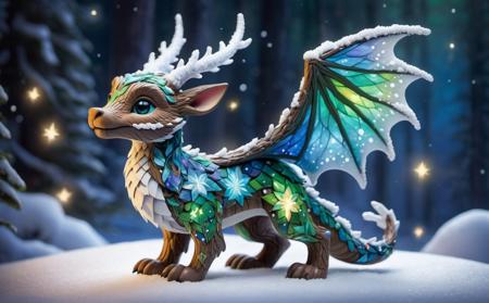 Idyllic, In a twinkling, snow-covered glade, a diminutive and sprightly figure darts among frost-laden trees, its scales shimmering in hues of icy blue and vibrant green, reminiscent of a mythical dragon in miniature. This whimsical being, with pointed ears peeking through its snowflake-speckled fur hat, embodies the mischievous yet heartwarming essence of the holiday season. Its eyes, bright as the North Star, hold centuries of yuletide secrets. Clad in a patchwork coat stitched from the night sky and the northern lights, it carries a satchel brimming with mysterious, handcrafted toys and trinkets, leaving a trail of sparkling magic and soft jingles in the crisp winter air, a herald of festive wonders and joyous enchantments., peaceful, happy, pleasant, happy, harmonious, picturesque, charming,
