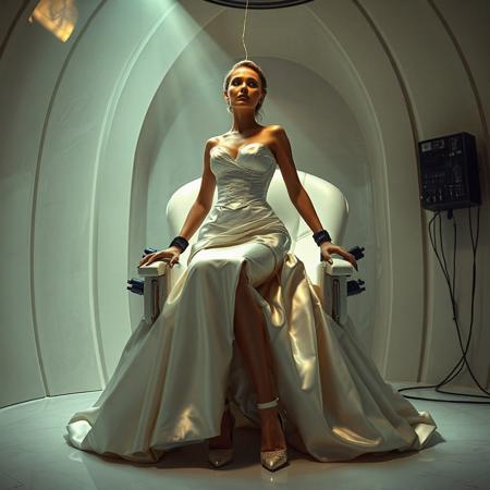 A slender, arrogant  rich norvegian bride, dressed in a luxurious, rich fantasy satin wedding gown with a fitted, boned corset and a full, flared skirt, paired with satin high heels, orgasm face, encased in beam of light from celling. The brainwashing temple electrode,  connected to a  futuristic superconputer rack. Her hands and ankles are bound to a biomechanical white chair, adorned with wet-look glossyblack slime  pillows, by massive steel restraints, accentuating her ultra-thin waist. she is drugged from standing drop counter with weird medicine. The scene is set in a sterile, empty chamber, with a glossy mother-of-pearl finish, evoking a sense of futuristic dread. Inspired by the cinematic styles of Ridley Scott, Guillermo del Toro, and H.R. Giger, with a blend of sci-fi and horror elements, this full-body portrait is a masterpiece of cinematic storytelling, shot on a virtual v-raptor XL camera, with a warm, film-grained aesthetic, subtle vignette, and rich color grading, reminiscent of 35mm film, with dramatic, atmospheric lighting, inviting the viewer to immerse themselves in this epic, stunning scene.