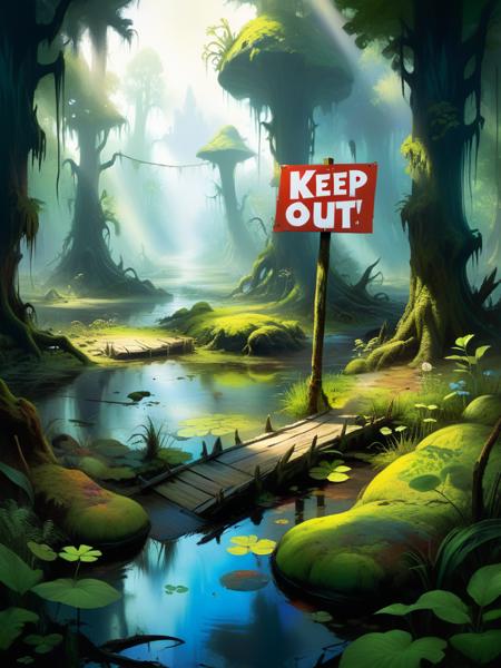 <lora:10NaturalismPainting_Hap_XL:1.5>, Thomas Moran style,oil painting,nature,landscape, a cartoon scene of a swampy area with a sign that says keep out, concept art by Rube Goldberg, deviantart contest winner, underground comix, 2d game art, concept art, playstation 5 screenshot <lora:add-detail-xl:1>, <lora:xl_more_art-full_v1:0.75>ï¼