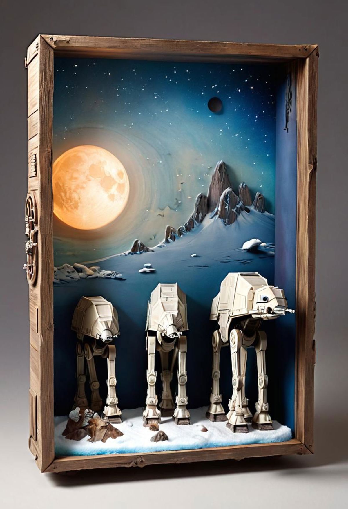 A painting of three AT-AT Walkers with a moon in the background.