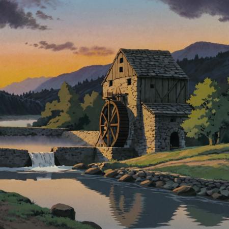 image in gg artstyle of an old wwatermill next to a river and forest, with mountains in the background, at dusk