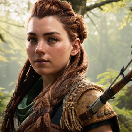 photo of aloy in forest, holding bow, masterpiece, best quality, highest quality, cinematic lighting, (volumetric lighting), extremely detailed CG unity 8k wallpaper, focused, 8k wallpaper, 4k wallpaper, extremely detailed, ultra realistic, photorealistic, sharp focus, HDR, (high contrast), photograph, detailed and intricate, instagram, portrait, highly detailed, sharp focus, illustration, cinematic lighting <lora:aloy:0.7>