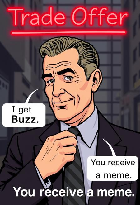 40s businessman, slicked back hairstyle, adjusting his tie, smirk, red neon above his head saying "Trade Offer", on his left text saying "I get Buzz" with Buzz being in yellow, on his right a text saying "You receive a meme", wall street office background