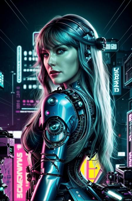 <lora:Taysway_V5-10:0.5> Taysway, adult woman, long neon turquoise hair, 80s movie poster themed, 80s poster style, psychedelic, mind blowing, trippy, retro artwork, (cyberpunk theme:1.3), (cyborg:1.4)