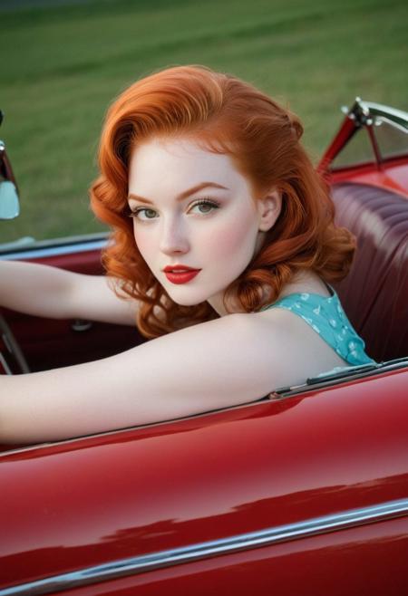 Red headed with pale skin girl sitting in a convertible 50’s car at a drive in. In the style of 50’s super panavision pro 70