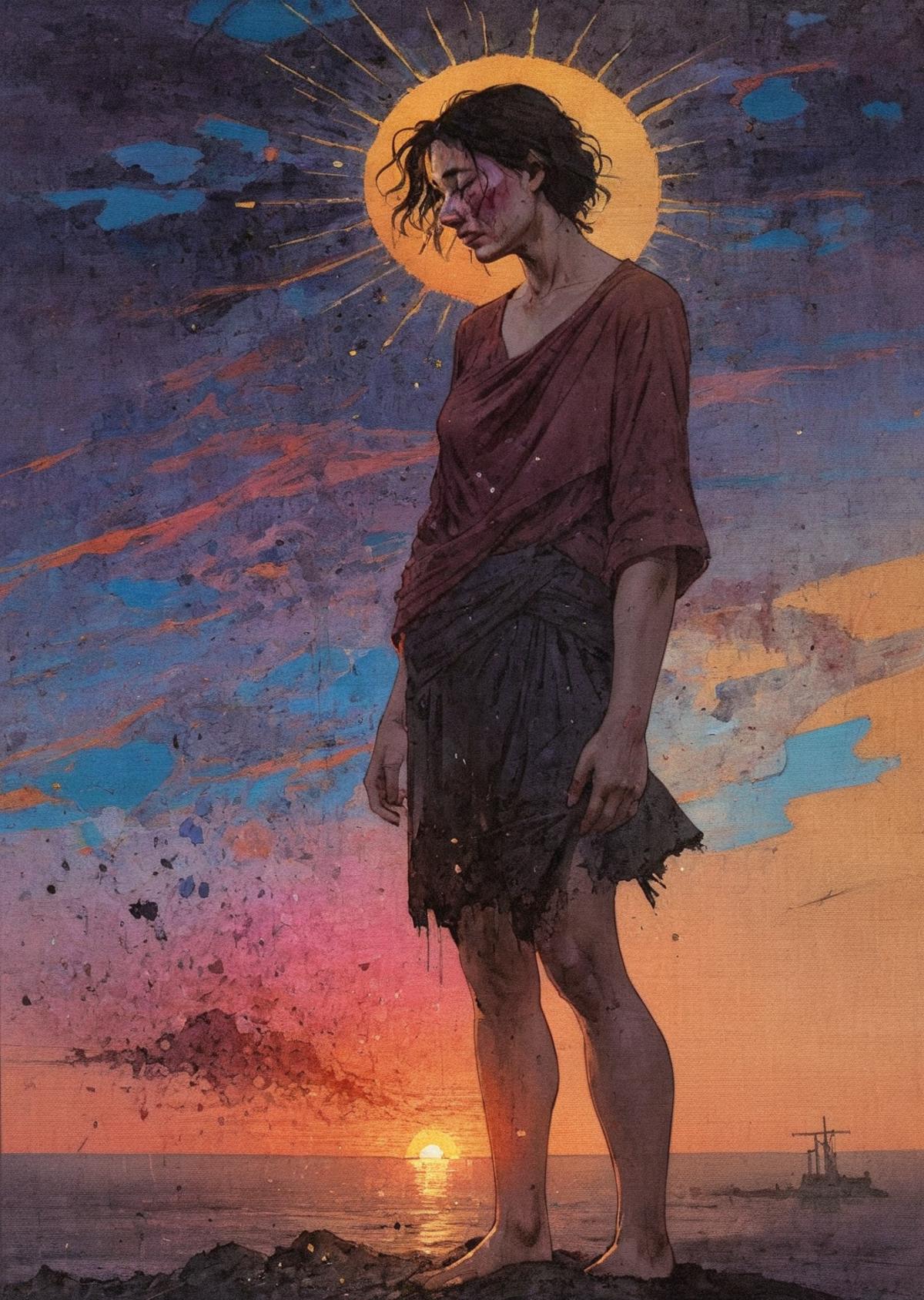 A woman with a bloody face and a torn dress stands in front of a sunset.