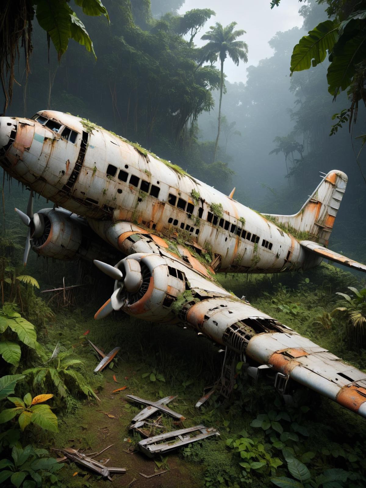 Rusty Airplane with Overgrown Vegetation in a Forest