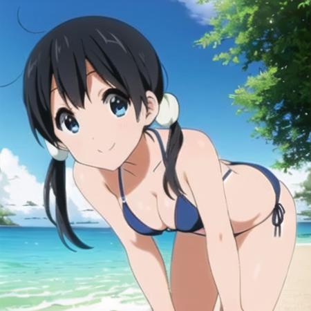 high quality, masterpiece, beautiful, 1girl, (kitashirakawa_tamako), twintail,  black hair,  blue eyes,  (beach),  (bikini), leaning forward, blue_sky, outdoor, looking at viewer, smile, <lora:kitashirakawa_tamako_v3-000005:0.8>