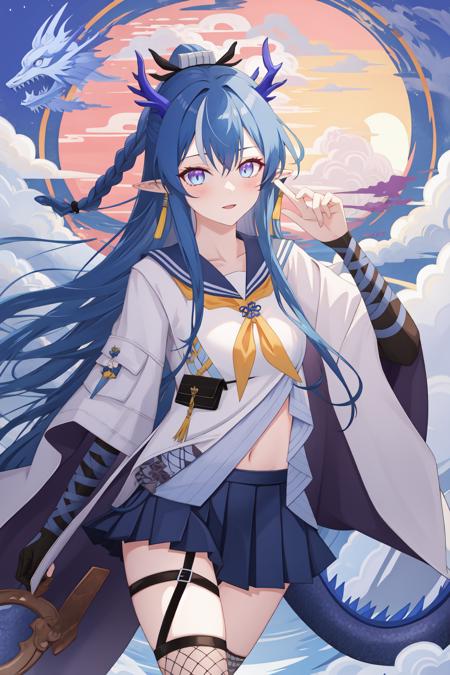 ling, a girl named ling, blue hair, long hair, 1girl, horns, pointy ears, dragon horns, blue eyes, jewelry, earrings, gloves, necktie, braid, open clothes, yellow necktie, coat, shorts