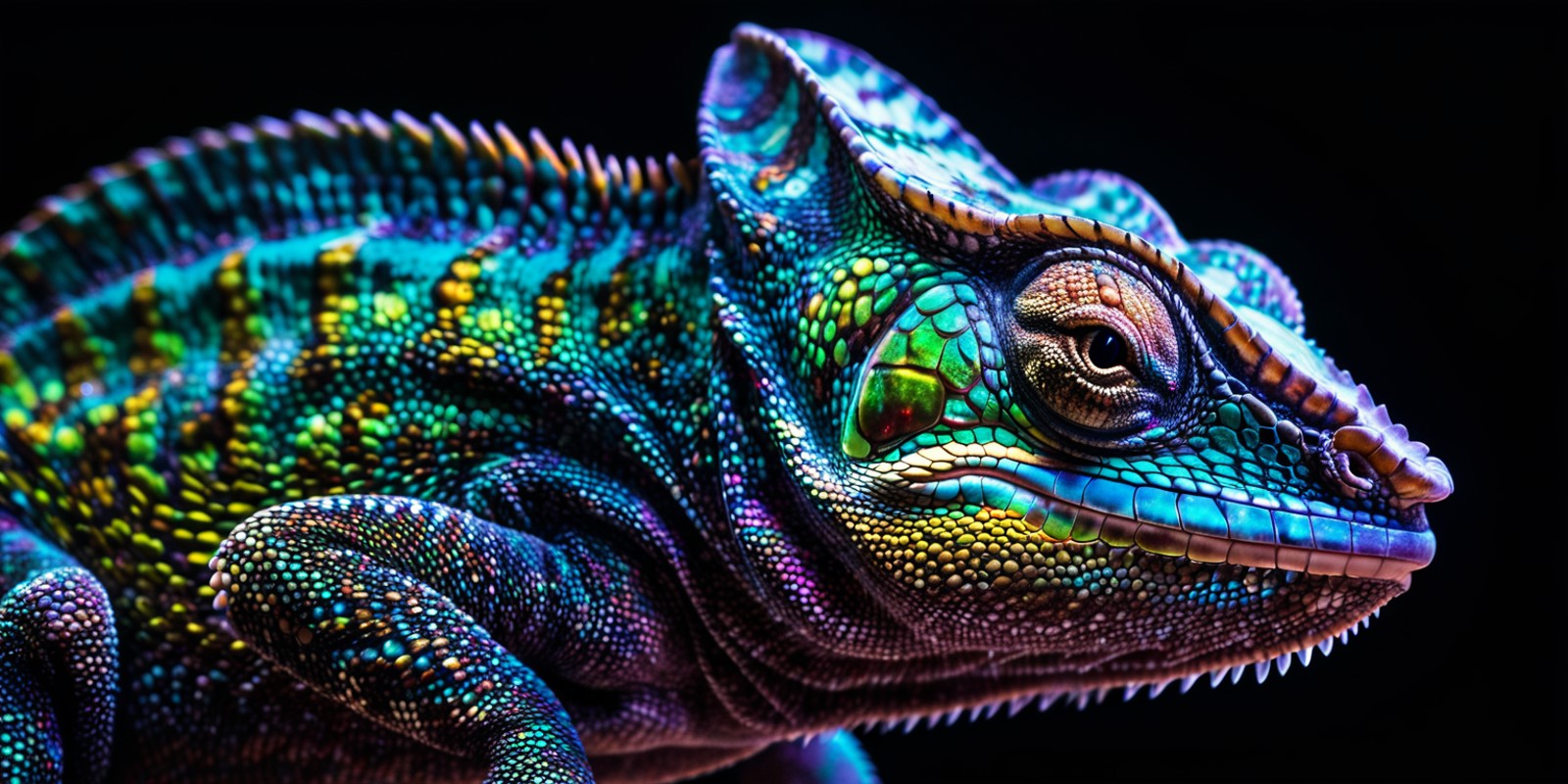 a nightly award-winning close-up photograph of a vibrant hologram chameleon in front of a black background,  vivid contras...