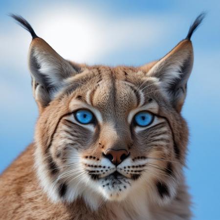 very realistic close-up photography of the head of a young lynx with blue eyes, blue sky background with cirrus clouds and slightly hidden sun