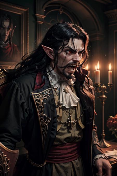 1man, photography, upper body of draculacastlevania man in palace, angry, open mouth, long fang, sharp teeth, (red eyes:1.1), black long hair, pale skin, pointy ears, paintings, ornate, details, ornament, dim light, dawn, bokeh background, horror \(theme\), spooky lighting, <lora:ARWBedroomGothic:0.6>  <lora:ARWDracula:1>