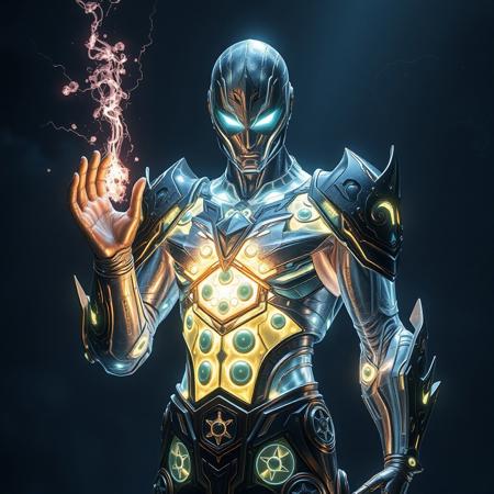 Masterpiece, a thallium/humanoid, 32k, 16k, 8k, cinematic art, realistic art, detail, wearing  Mercury like bioluminescence translucent armor, it charging a energy blast to his hand that looks like a masterpiece chromium/radium energy attack,