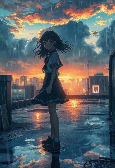 Vertical 9:16 cinematic anime scene, high-detail 4K, in the style of “Weathering with You” key art: a lone girl in school uniform standing on a rain-soaked rooftop at twilight, her hair and skirt caught by a gentle breeze; glowing city lights below reflected in puddles; soft watercolor clouds drifting overhead, tinged with warm orange and deep indigo; shafts of sunlight breaking through rain clouds casting luminous beams; delicate lens flare accents and subtle film grain; emotional, hopeful atmosphere with a hint of magic; hyper-detailed textures on wet surfaces and gentle parallax motion in clouds and distant neon signs