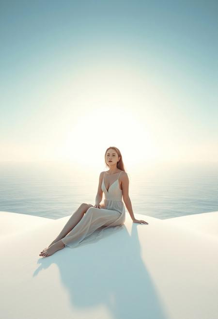 A surreal, minimalistic composition, where a woman sits on a glowing white sand dune, the sky behind them blending seamlessly into the ocean, creating an almost dreamlike void.
ethereal portrait with a luminous seascape, soft pastel muted tones, hyperreal yet surreal aesthetic, dreamlike atmosphere, glowing natural light, vast and tranquil ocean, eerie and introspective expression, painterly photography style, vast luminous horizon