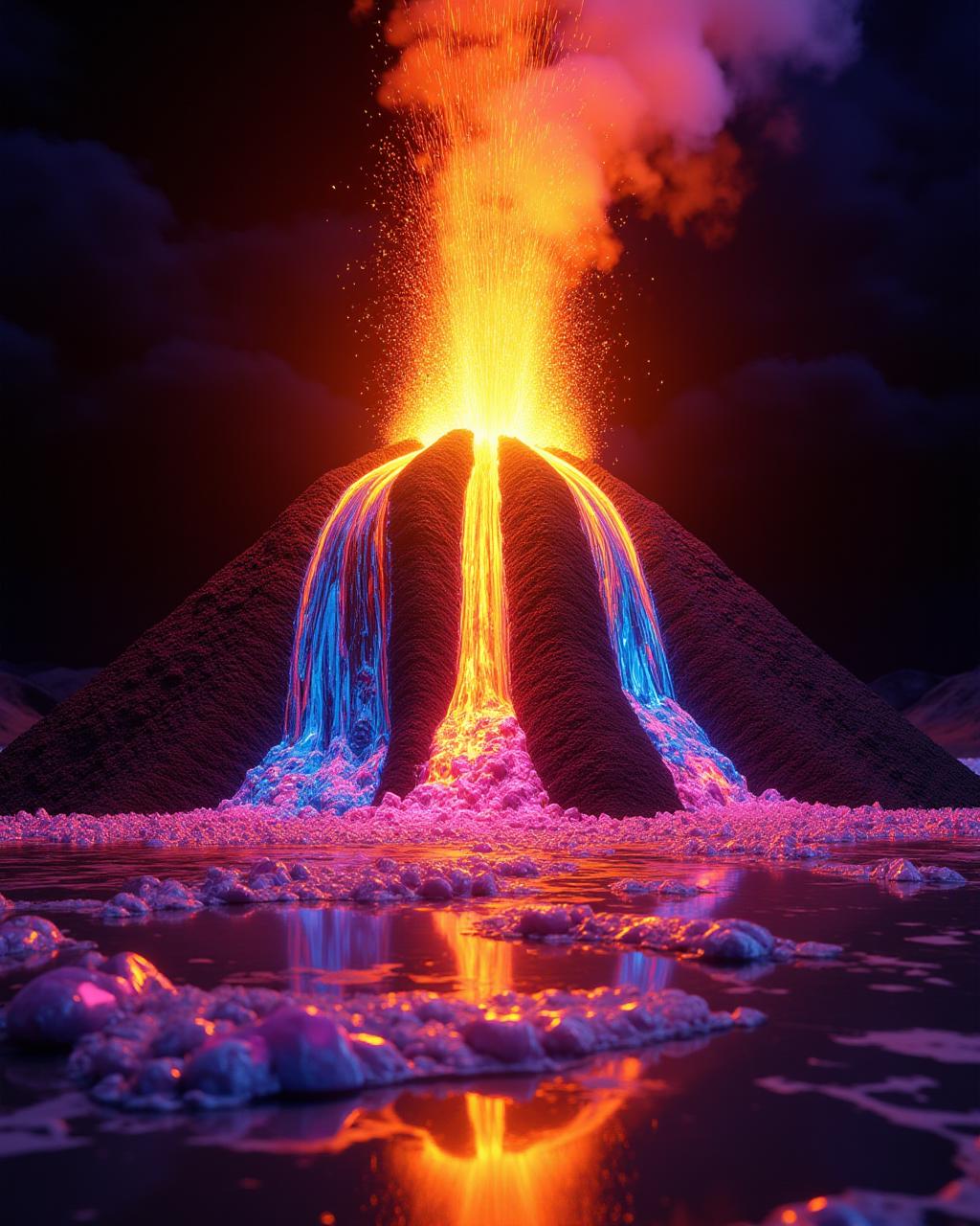 A hyperrealistic volcanic eruption, but instead of lava, the volcano spews streams of molten glass that glow with every color of the rainbow. As the glass cools, it forms intricate, crystal structures on the ground, reflecting the light from the fiery, glowing volcano in a dazzling display of surreal beauty