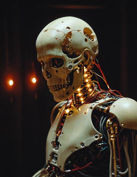 Surrealist art breathtaking cinematic film still synthetic humanoid android with pale ceramic skin, facial ports open revealing gold and steel servo mechanisms, artisan hand installing neural connectors, red fiber-optic cables threading into skull, dim workshop lighting with soft amber glow, hyperreal detail on skin textures and mechanical joints, fusion of human fragility and robotic precision, photographed on Cinestill 800T film, Hasselblad 500CM with 80mm f/2.8, close-up portrait framing, eerie yet intimate tone,<lora:add-detail-xl:1>,OverallDetailXL,ArsMovieStill,<lora:MJ52_v2.0:0.7>,<lora:EldritchCandids1.1.2:0.75>,<lora:EpicF4nta5yXL:0.4>,<lora:Year_3000_Movie_Stills:0.7> . shallow depth of field, vignette, highly detailed, high budget, bokeh, cinemascope, moody, epic, gorgeous, film grain, grainy . award-winning, professional, highly detailed . Dreamlike, mysterious, provocative, symbolic, intricate, detailed