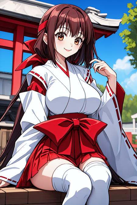 1girl, cowboy shot, (shrine:1.2), smile, sitting, 
pb_waka, large breasts, brown eyes, brown hair, long hair, very long hair, red hair ribbon, headband, bow, japanese clothes, skirt, red hakama, hakama skirt, white thighhighs, <lora:PB_waka_lora_ver1:0.7>, best quality, masterpiece, highres, <lora:GoodHands-vanilla:1>