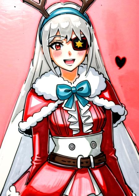 1girl, solo, christmas, long hair, eyepatch, fur trim, red eyes, santa costume, antlers, capelet, bow, hairband, looking at viewer, white hair, simple background, red capelet, pantyhose, belt, grey hair, smile, black pantyhose, fur-trimmed capelet, fake antlers, christmas_background, dress, long sleeves, bangs, skirt, blush, bowtie, closed mouth, upper body, star (symbol), open mouth, frills, reindeer antlers, breasts, standing,  cape, red dress, medium breasts, pink background, , ,, , red skirt, long_hair,upper_body,,<lora:reinaFortnite-09:0.7>  <lora:OmarDogan_08v2:0.9>