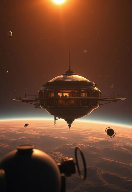 Foreground: satellites.
Focus Midground: Floating Space station in Futuristic Lighting Eco Habitat, Cylindrical Habitat station.
Background: shining Solar. Solar system, Mars, Jupiter, Saturn, Neptune, Uranus, Kuipler belt, Heliopause, Heliosphere.
Realistic lighting cinematic scene, Space Odyssey.