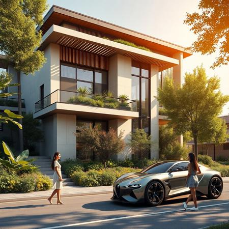 modern building in a city land, there are balcony, terrace, logge, porch, luxuriant vegetation around, some street with two futuristic car, two girl in first plane of view, photorealist, masterpiece, 4k, high details, background a sunny day, some people very happy. The proportions of the objects are perfect