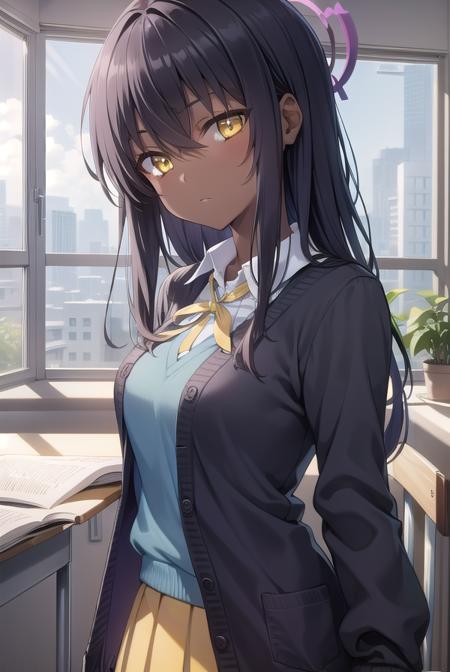 bluearchivekarin, <lyco:karin-lyco-nochekaiser:1>, 
karin, ahoge, black hair, dark skin, dark-skinned female, halo, long hair, (yellow eyes:1.5),
BREAK cardigan, neck ribbon, pleated skirt, ribbon, school uniform, skirt, blue cardigan, 
BREAK looking at viewer, 
BREAK indoors, classroom,
BREAK <lyco:GoodHands-beta2:1>, (masterpiece:1.2), best quality, high resolution, unity 8k wallpaper, (illustration:0.8), (beautiful detailed eyes:1.6), extremely detailed face, perfect lighting, extremely detailed CG, (perfect hands, perfect anatomy),