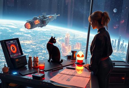 A sleek black cat with red collar sits on a cluttered metal riveted desk with transparent top and micro-LED lighted computer components visible inside, On the desk are a maneki neko statue and a lava lamp, the Black Cat is looking out of a seamless and futuristic floor to ceiling window that looks out at a planet from low orbit, the planet is covered with the lights of enormous buildings and cities, (((a beautiful woman, 24 years old, is standing next to the desk the cat is sitting on and looking longingly out the window, the woman is dressed in an ornate Japanese style shirt and tight leather-like pants. An enormous deco-cyberpunk starship with futuristic lighting and an enormous space station are visible in the background among the stars, The woman's hair is messy from just waking up and tied up with a ribbon. Artistic cyberpunk, dynamic perspective, (((overall architectural aesthetic is Art Deco Cyberpunk))).  Epic image that elicits a feeling of wonder and awe,