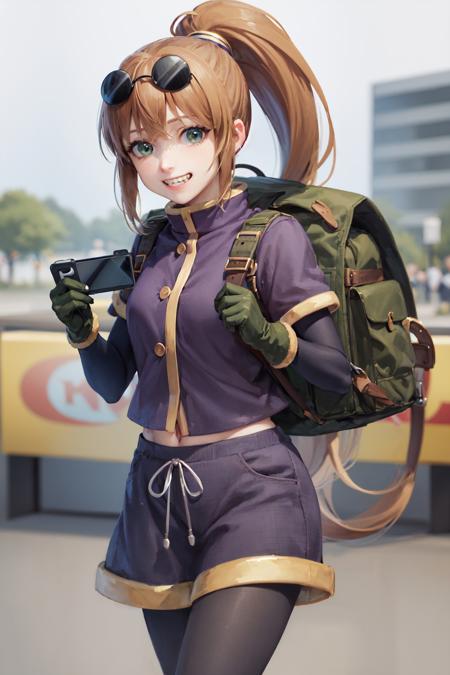 (masterpiece, best quality:1.2), <lora:starocean_neumann-12:1>, cowboy shot, solo, 1girl, precis neumann, grin, looking at viewer, holding, game controller, ponytail, eyewear on head, purple shirt, pantyhose, gloves, backpack