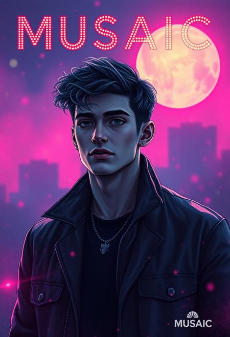 high quality design aesthetics, disco, eighties, synth pop, detailed, synthwave, melancholic, pop album cover for a sad love song, young white man, artist name "MUSAIC"