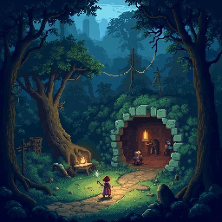 Pixel art, size perspective, forest town with underground dungeon, people, magic, sorcery, night