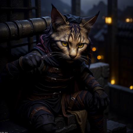 <lora:RPGTabaxi:1.0> tabaxi:1.2, solo, looking at viewer, sitting, belt, black cloak, yellow eyes, climbing wall, gloves, blurry, blurry background, realistic:1.3, medieval alley, 32k, intricate details, depth of field, ((night))