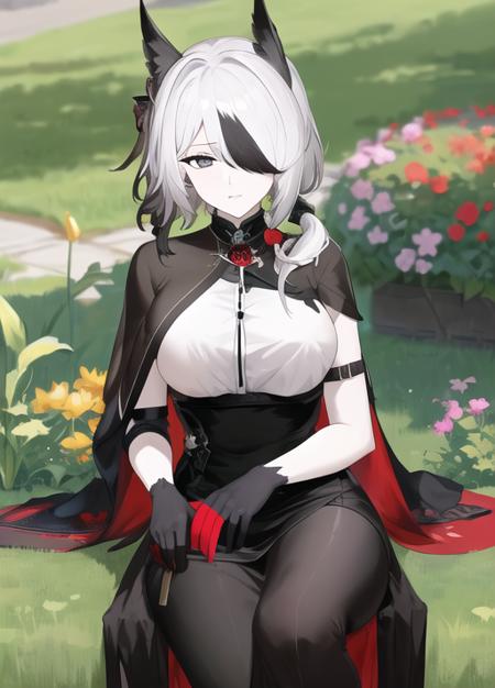 Koshelna animal ears long dress black pants black capelet hair over one eye white shirt sideboob