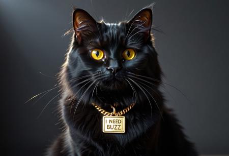 masterpiece, ultra-detailed, hyper-realistic, cinematic lighting, black  Angora cat, short shiny  fur, striking yellow eyes, sitting directly facing the viewer, calm and elegant posture, wearing a small collar tag or ID plate that clearly reads "I need Buzz", fur texture highly detailed, soft lighting, shallow depth of field, realistic whiskers and fur strands, subtle warm backlight, photo-realism, animal portrait perfection, using Buzz Generator LoRA:<lora:BuzzGenerator:1.0>