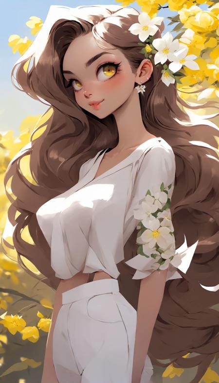 <lora:[XL]trendy_3D:1>depth of field, masterpiece, best quality, 1girl, solo, brown hair, looking at viewer, yellow eyes, upper body, white shirt, breasts, off-shoulder shirt,a lot of white flowers, leaf, blurry foreground, choker, sunlight