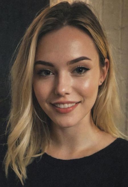 instagram photo, closeup face photo of 23 y.o Chloe in black sweater, cleavage, pale skin, (smile:0.4), hard shadows, film grain, candid, smartphone photo, bad lighting, amateur photo