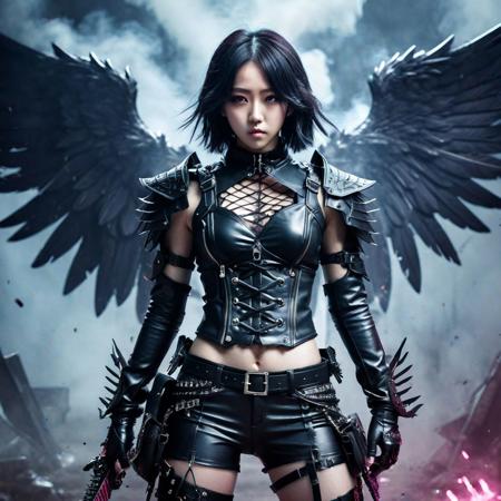 (K-pop idol name) as a dark anime anti-hero, (revealing battle outfit:1.3) with leather and lace, weapons, wings, defiant expression, smoky battlefield background, dramatic pose, desaturated color palette with pops of neon, harsh lighting, detailed textures