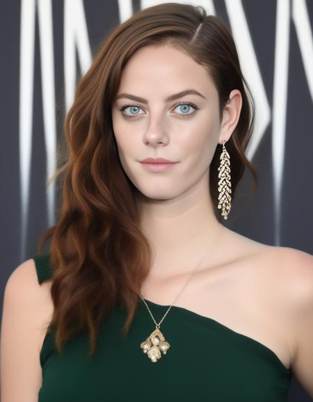 KayaScodelario,<lora:KayaScodelarioSDXL:1>,An image of a young woman with auburn hair with lighter ends, styled to flow away from her face, and green eyes that are striking and framed by defined eyebrows. She has fair skin with visible natural freckles across her nose and cheeks. The woman wears simple stud earrings and has a confident gaze into the camera. Her black dress has golden bejeweled straps on her shoulder, adding an elegant touch. In door background.