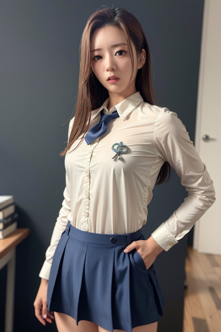 apinkbomi, school, (day:1.1), RAW,(8k, best quality, masterpiece:1.2),(intricate details:1.4),(photorealistic:1.4),octane render, complex 3d render ultra detailed, studio soft light, rim light, vibrant details, ultra detailed, realistic skin texture, detailed face, beautiful detailed eyes, extremely detailed CG unity 8k wallpaper, makeup, (detailed background:1.2), (cowboy shot:1.2),(perfect anatomy:1.2),(wide hip:1.1),(school uniform:1.2), <lora:apinkbomi-v1:1>