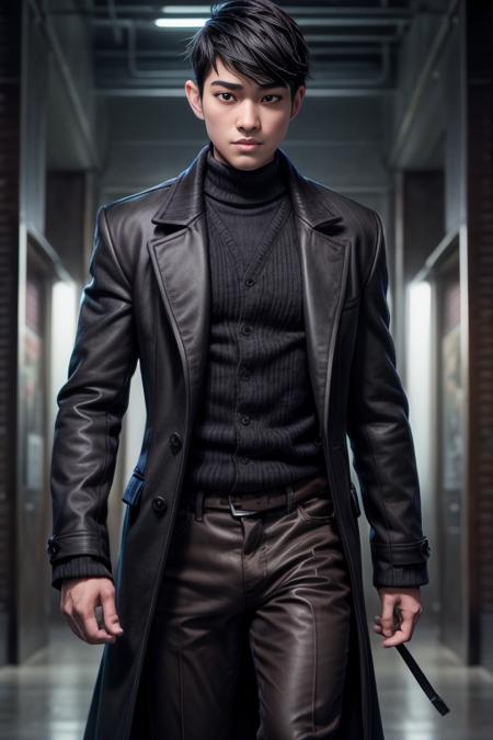 tadashi_hamada, asian, solo, short hair, 1boy, young man, muscular, long coat, dark clothes,  <lora:tadashi_hamada-25:0.6>,  <lora:add_detail:1>